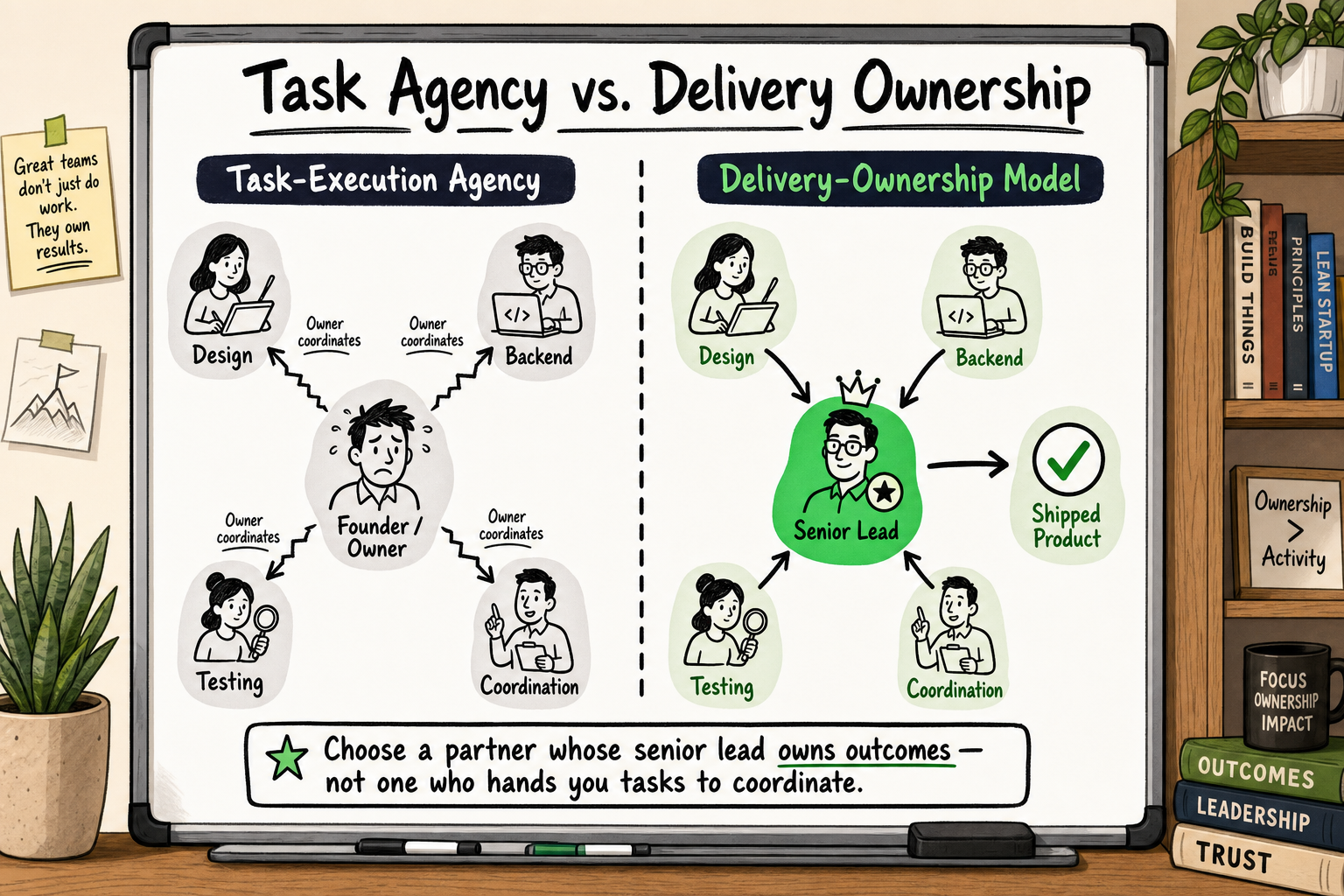Whiteboard comparison of task-execution agency model versus delivery-ownership model for software development partners.