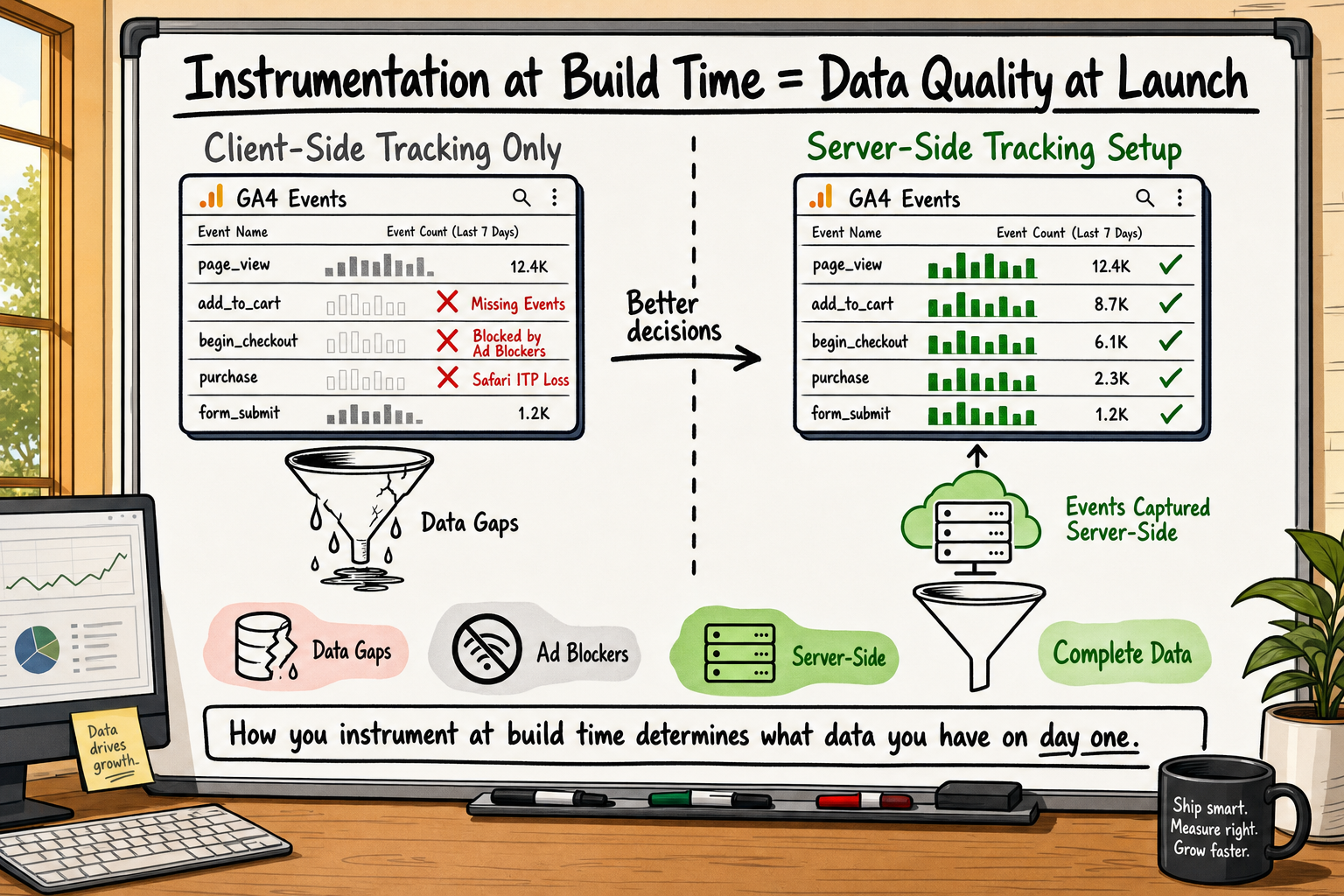 Whiteboard diagram comparing client-side tracking data gaps versus complete server-side tracking setup at software build time