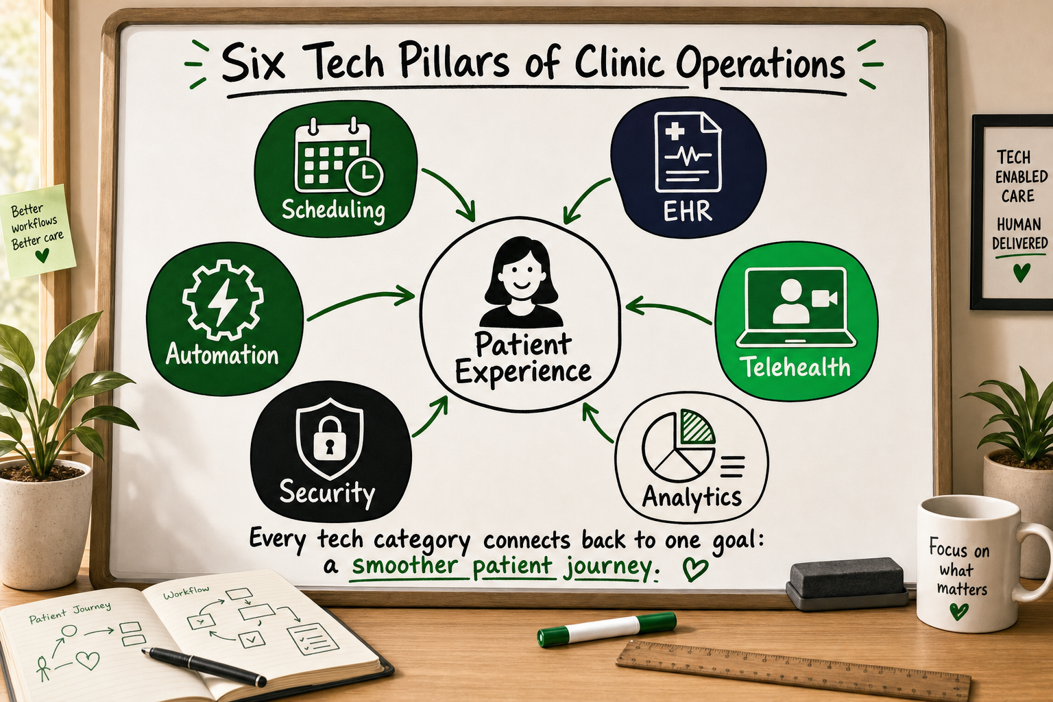 Hub-and-spoke whiteboard diagram of six IT tools to run a clinic surrounding a central patient experience node with green arr