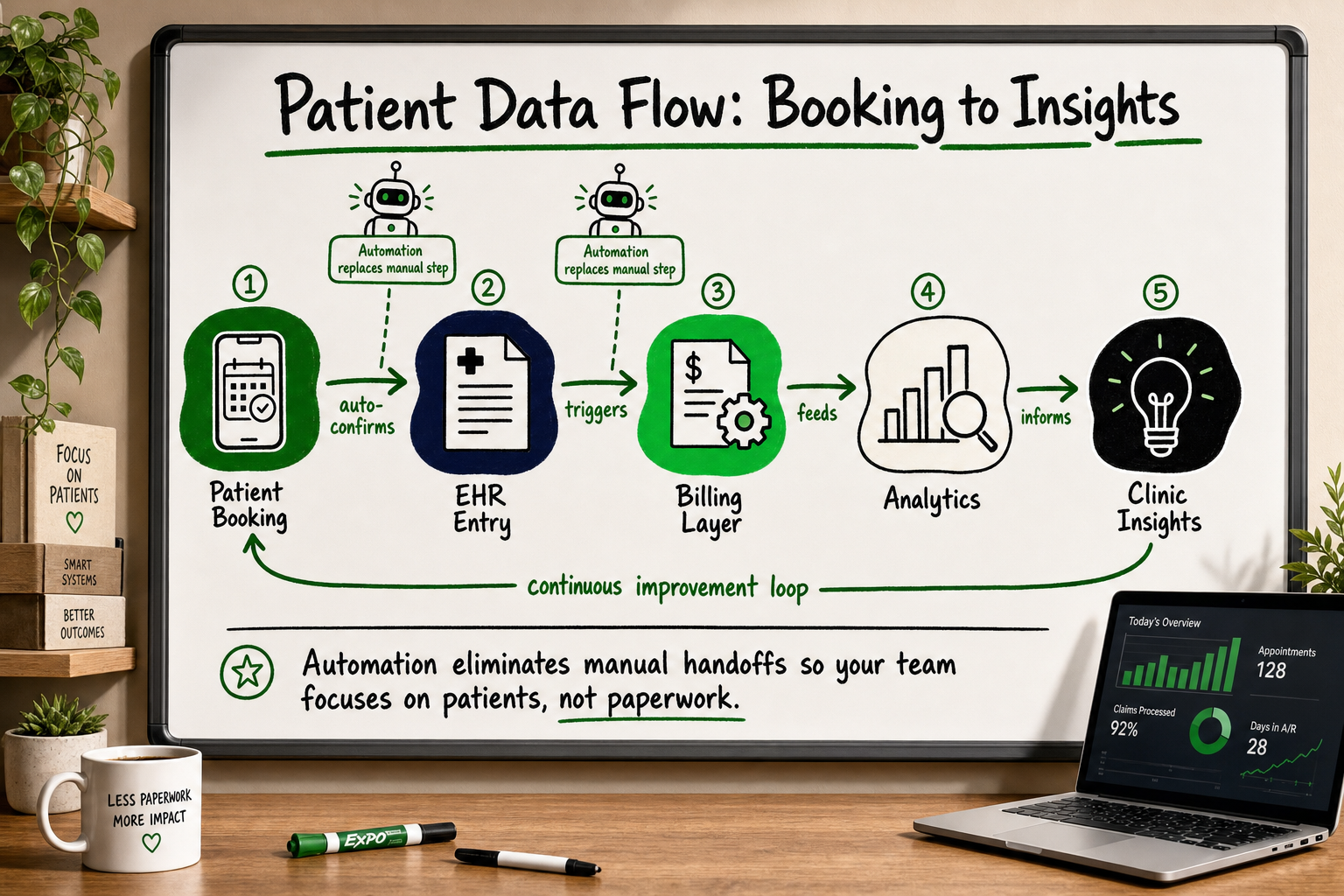 Flowchart whiteboard infographic showing patient data moving through booking, EHR, billing, and analytics with automation rep