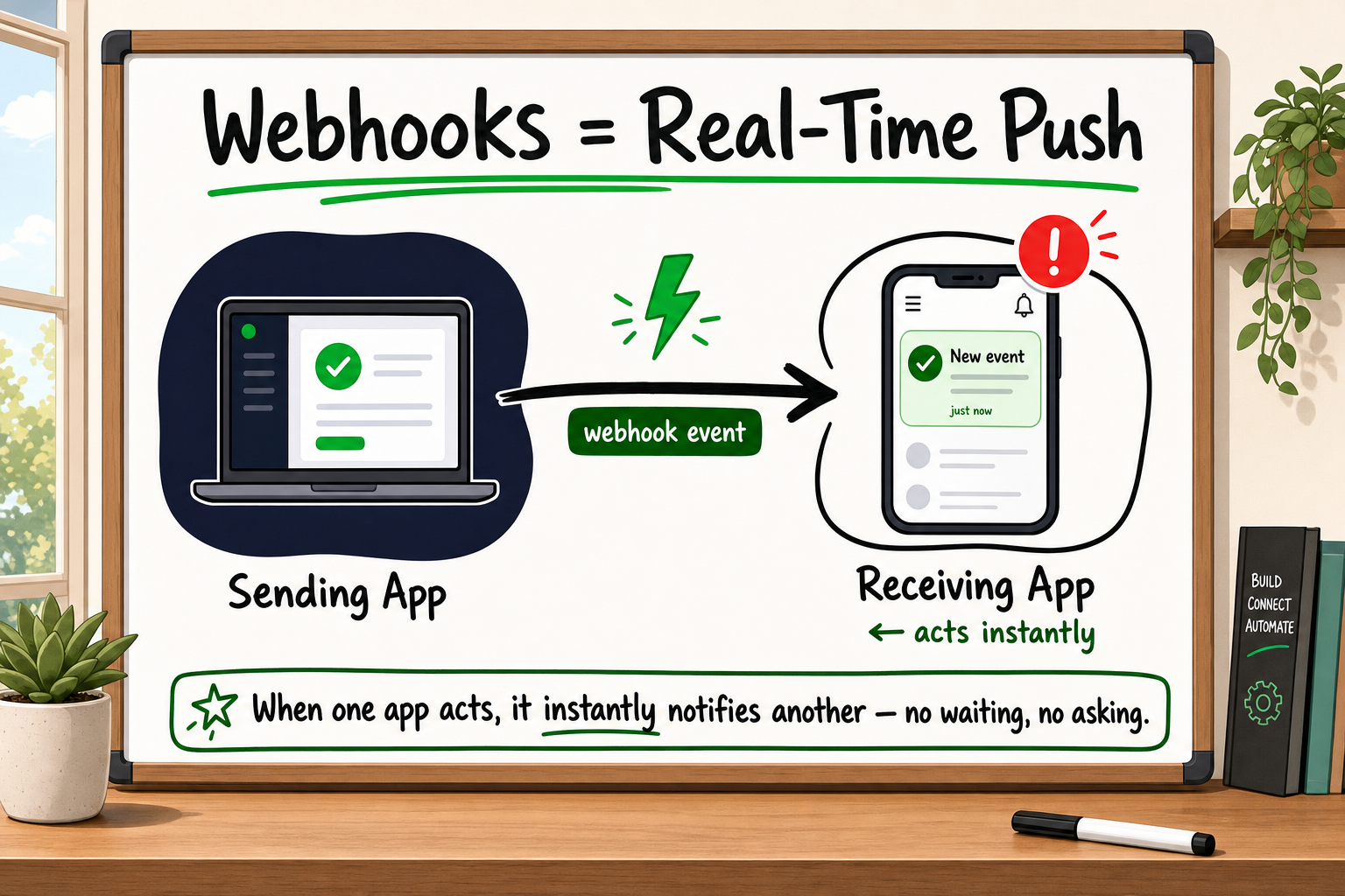 Webhook diagram showing real-time push notification from one app to another with event label arrow