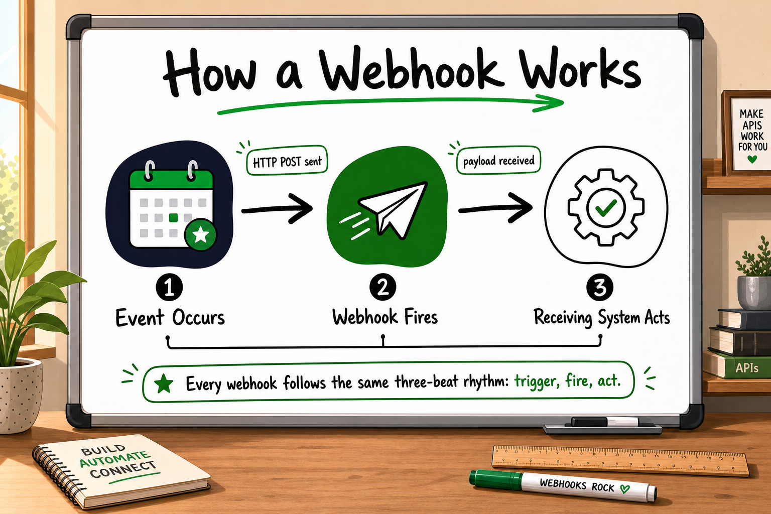 Webhook flow diagram — three steps: Event Occurs, Webhook Fires, Receiving System Acts with arrows