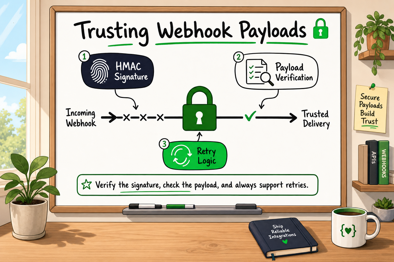 Webhook security diagram showing HMAC signature, payload verification, and retry logic on incoming webhook