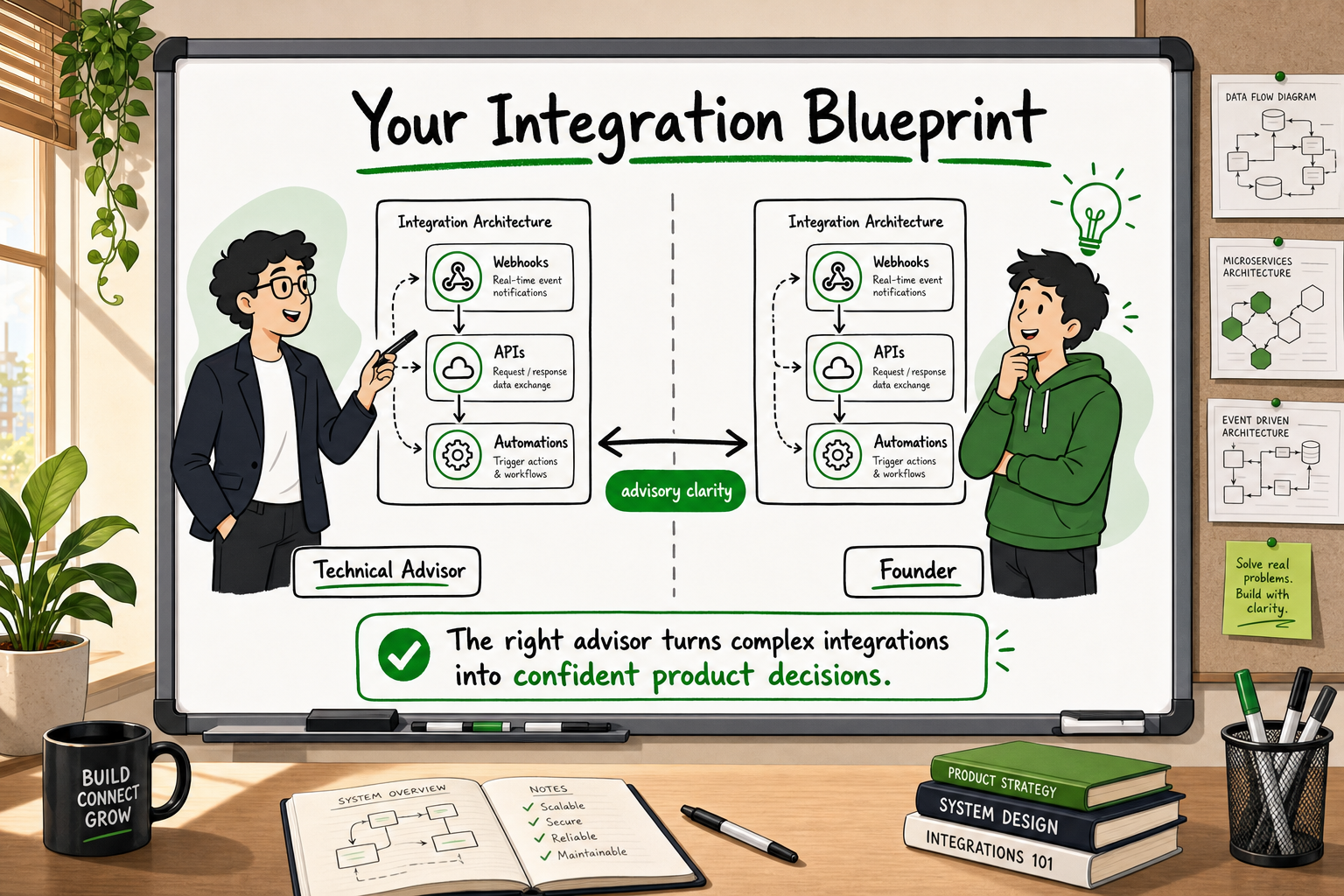 Technical advisor and founder reviewing webhook integration architecture diagram — advisory relationship illustration