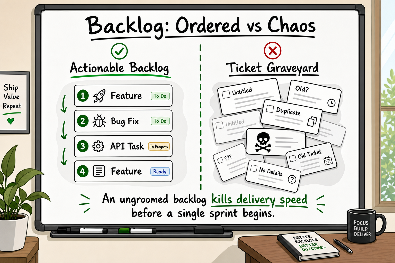Side-by-side whiteboard comparison of an organised product backlog versus a cluttered ticket graveyard.