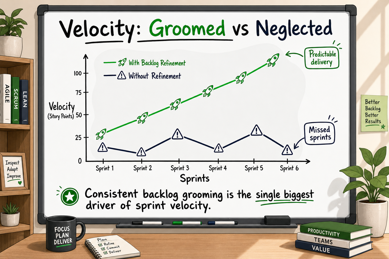 Whiteboard line graph comparing sprint velocity with and without product backlog grooming over six sprints.