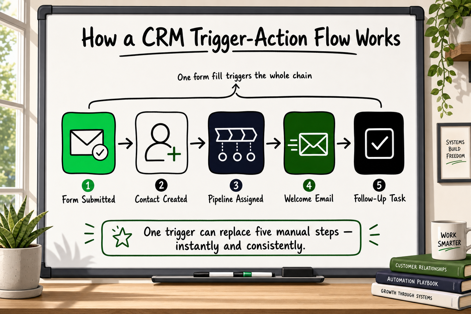 CRM automation trigger-action workflow diagram: form submission to contact, pipeline, welcome email, and task