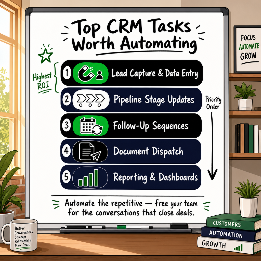 Prioritised list of automatable CRM tasks: lead capture, pipeline updates, follow-ups, document dispatch, reporting