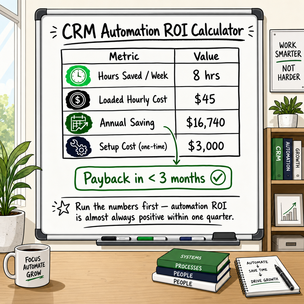 CRM automation ROI table showing hours saved, hourly cost, annual saving, and setup cost with payback period