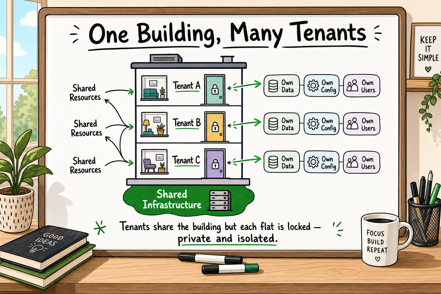 Whiteboard diagram of an apartment building showing multi-tenancy: shared infrastructure with isolated locked flats per tenan