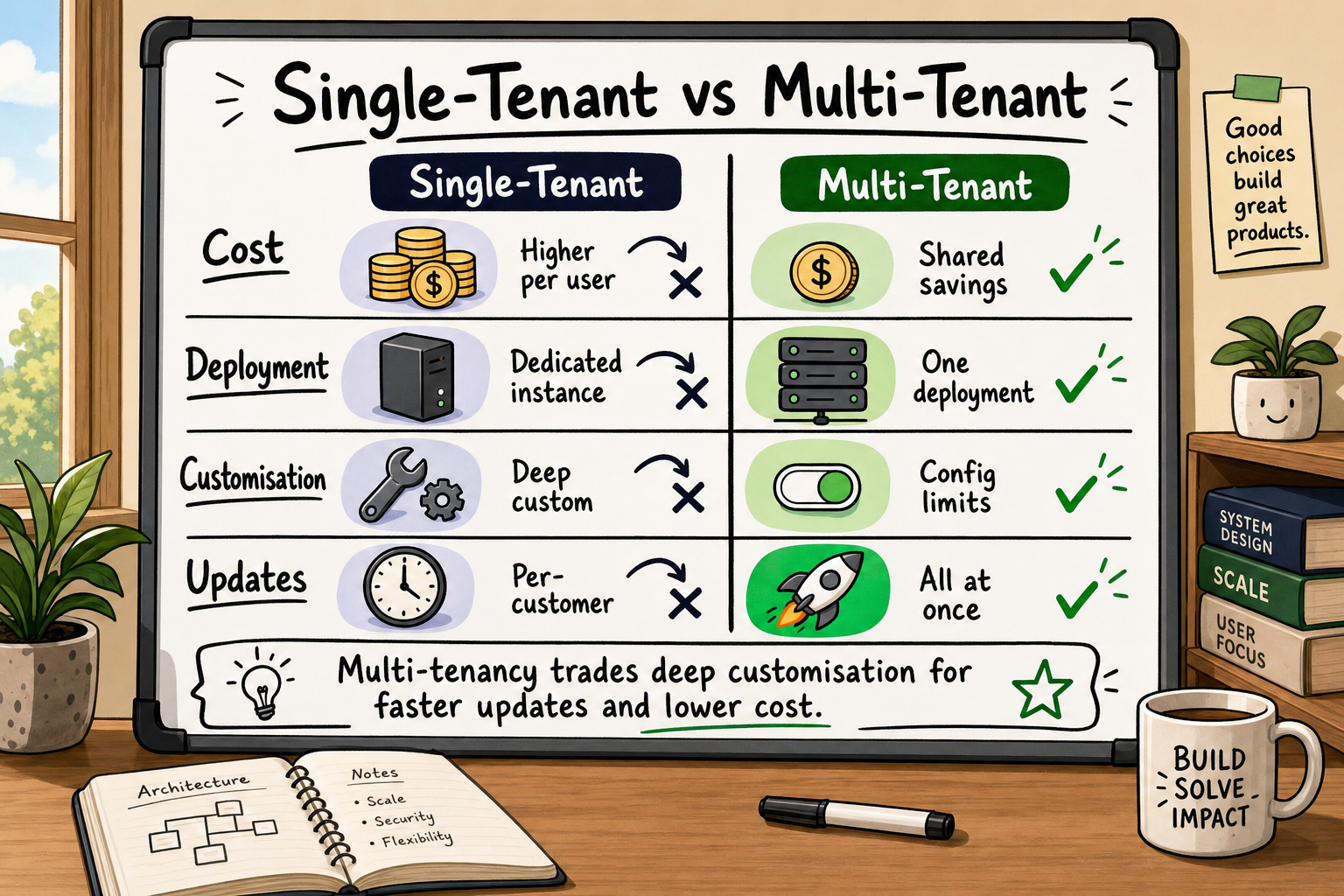 Whiteboard comparison table of single-tenant vs multi-tenant architecture covering cost, deployment, customisation, and updat
