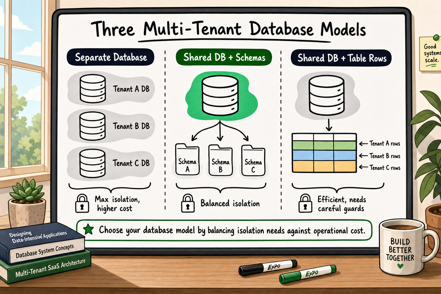 Whiteboard diagram comparing three multi-tenant database models: separate databases, shared database with schemas, and shared