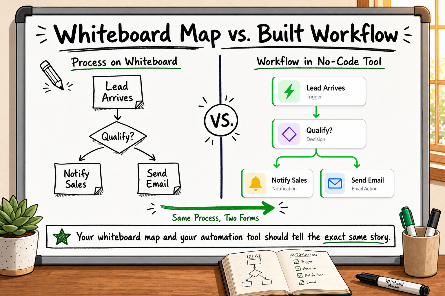 Side-by-side whiteboard infographic comparing a hand-drawn process map to a finished no-code automation workflow for automati