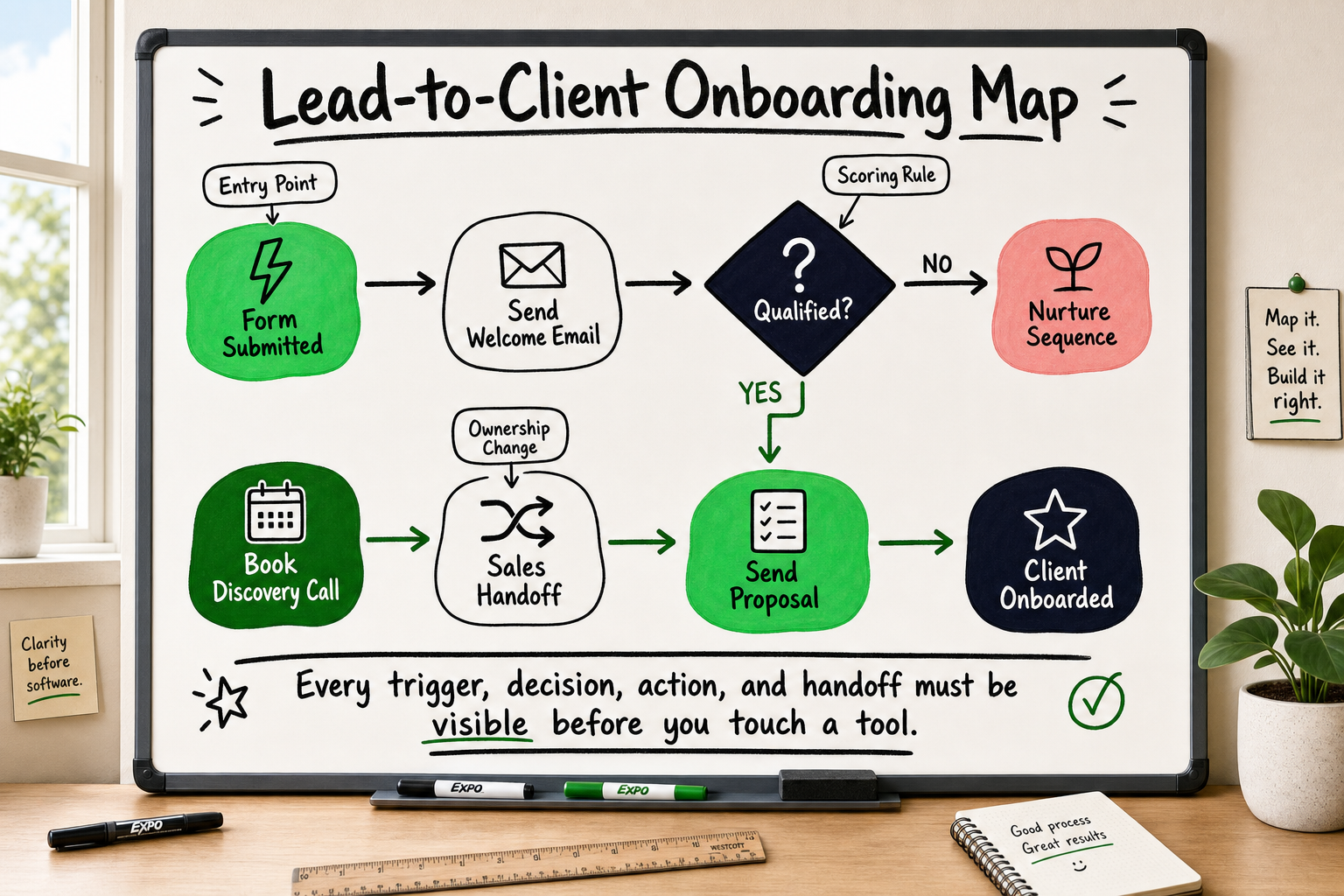 Annotated lead-to-client onboarding process map showing triggers, decisions, actions, and handoffs for automation stack desig