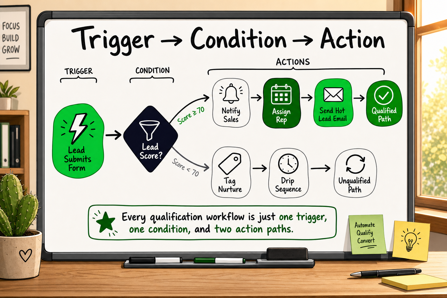 Trigger-condition-action branching diagram for marketing lead qualification showing qualified and unqualified automation path