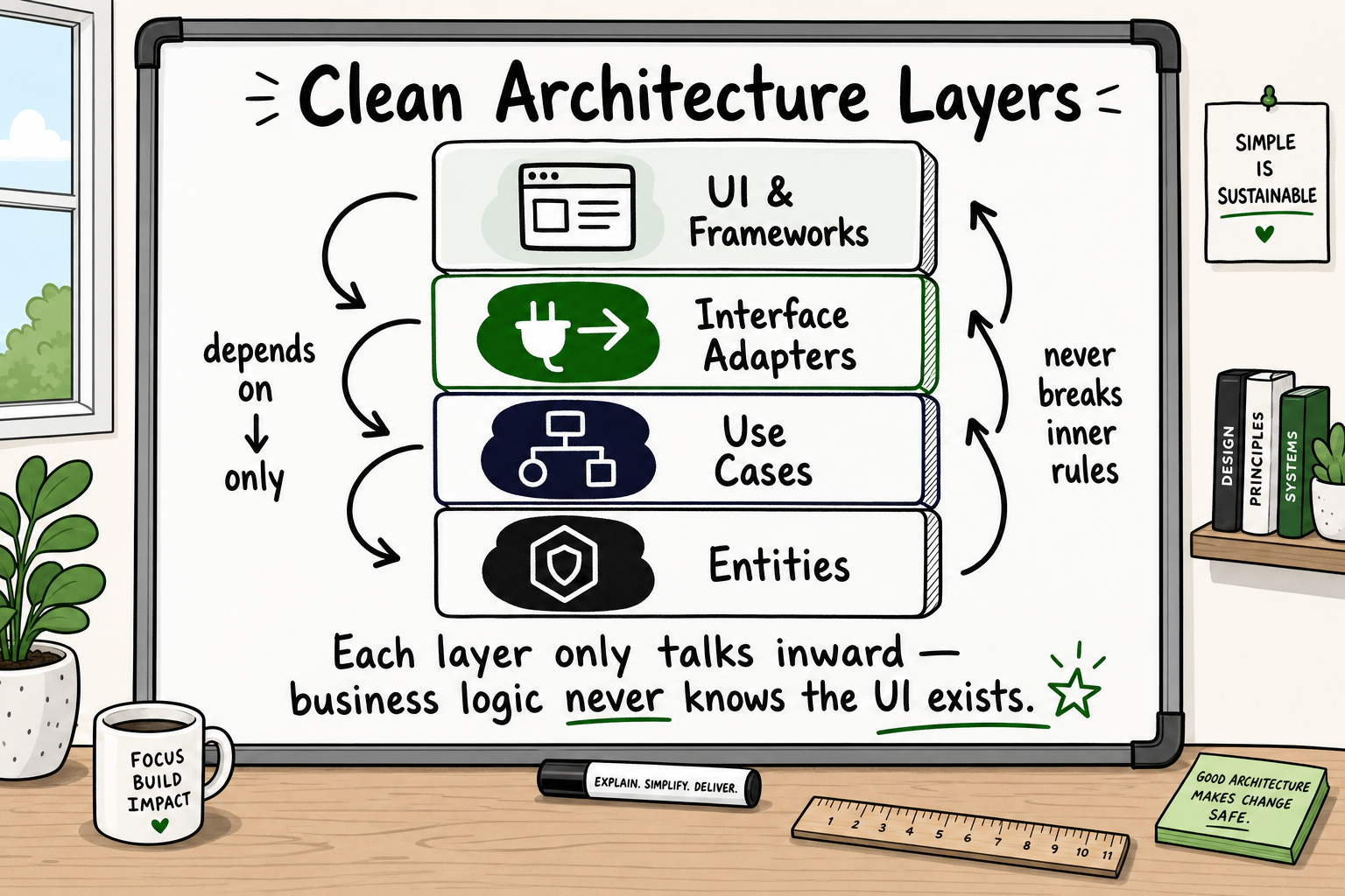 Whiteboard diagram of clean architecture software layers — entities, use cases, adapters, UI with inward dependency arrows