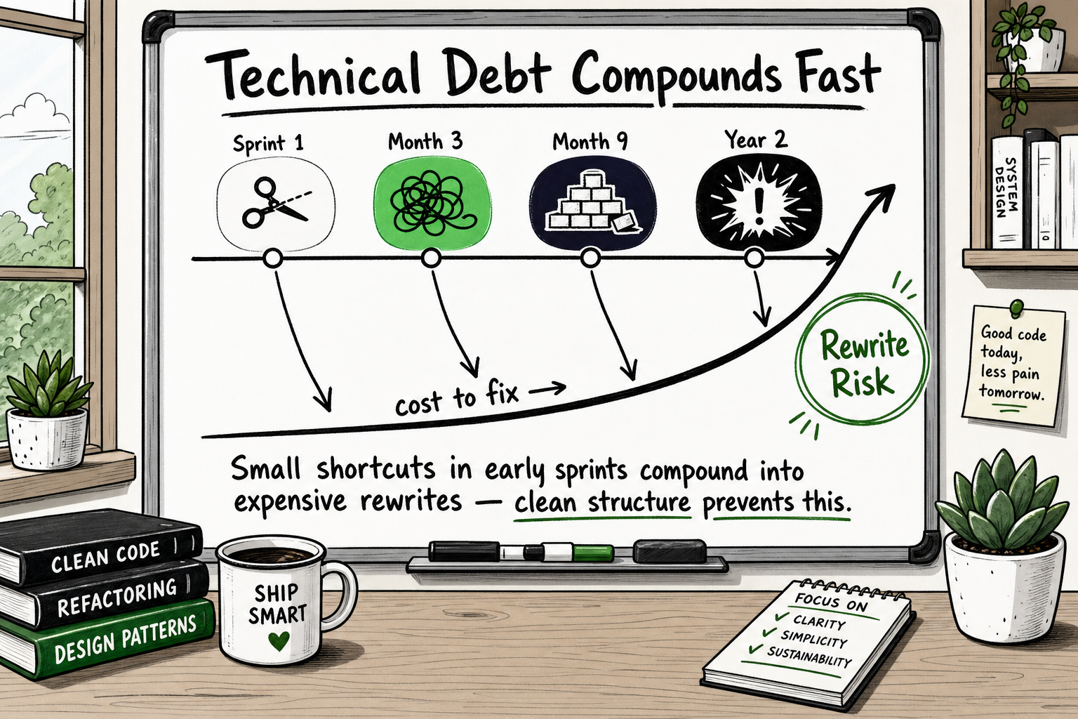 Whiteboard timeline infographic showing technical debt accumulating from early sprint shortcuts to costly rewrites over time