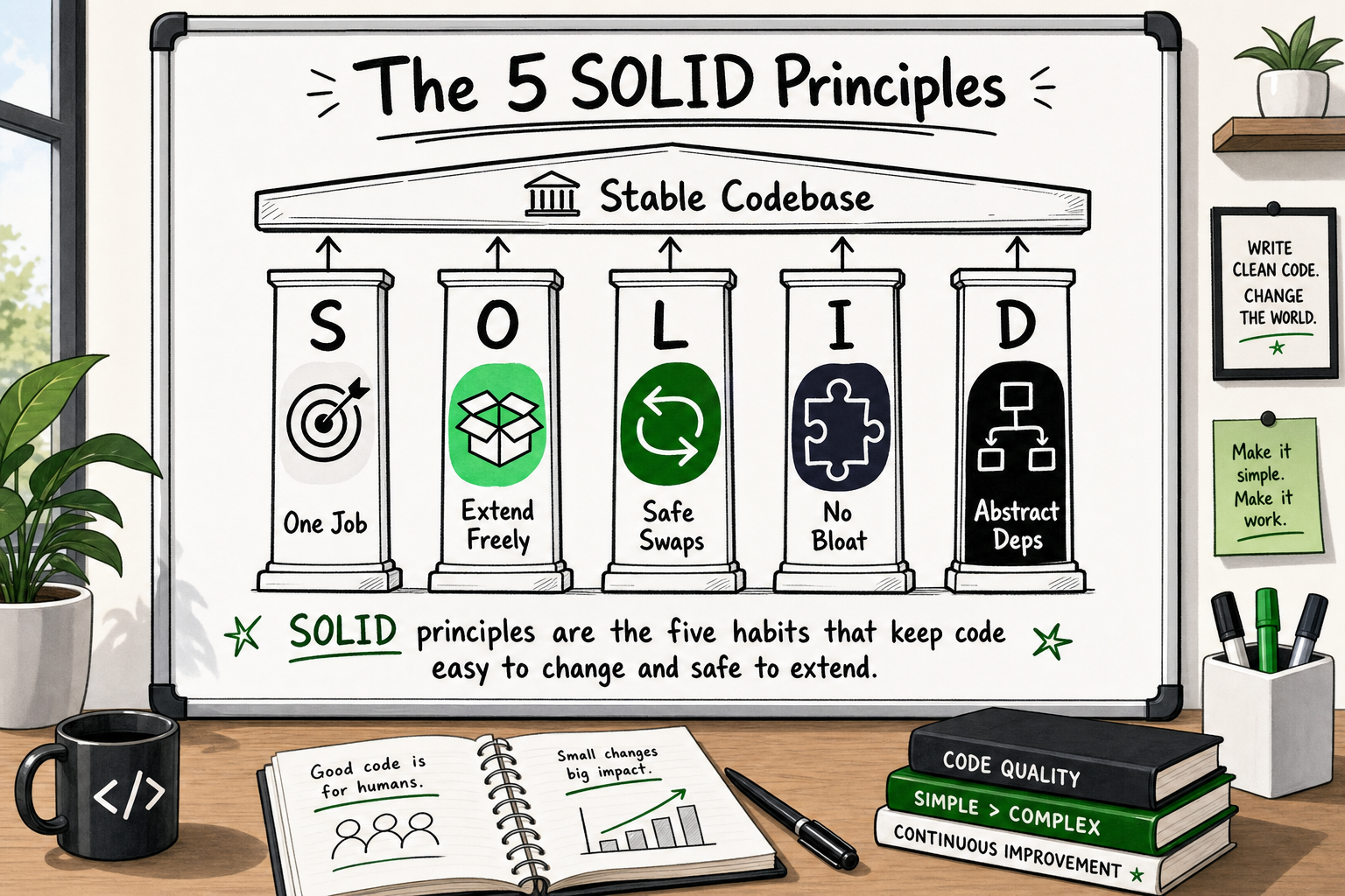 Whiteboard infographic of 5 SOLID principles as five pillars supporting a stable building with plain-English business labels