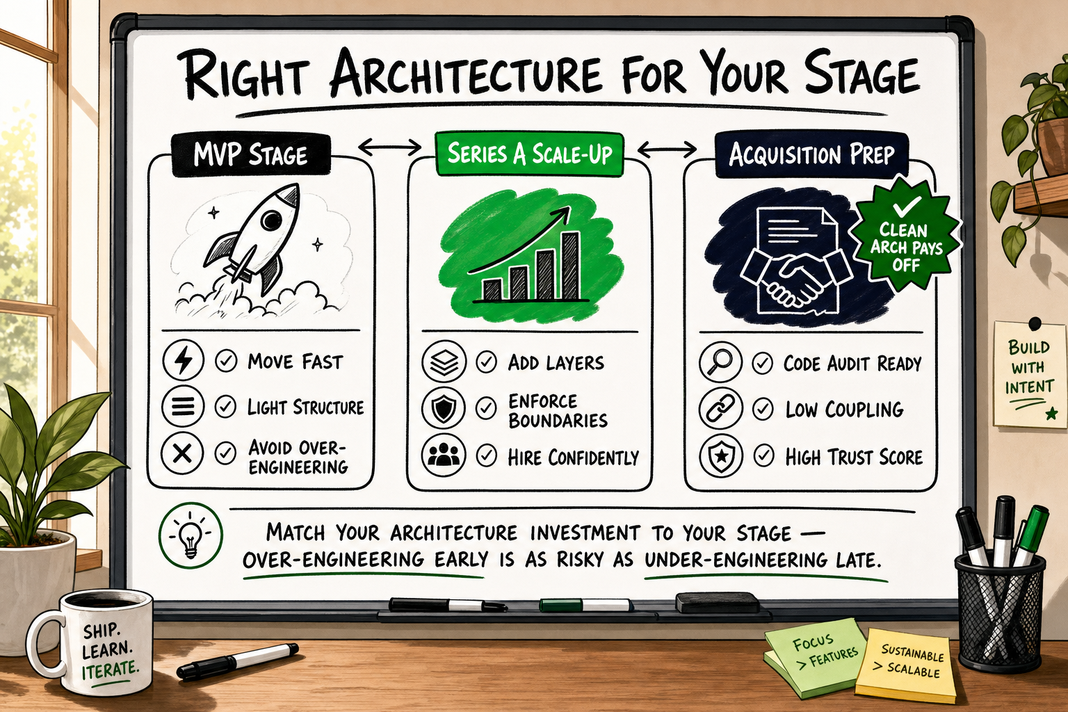 Whiteboard comparing clean architecture needs at MVP, Series A scale-up, and acquisition prep startup stages