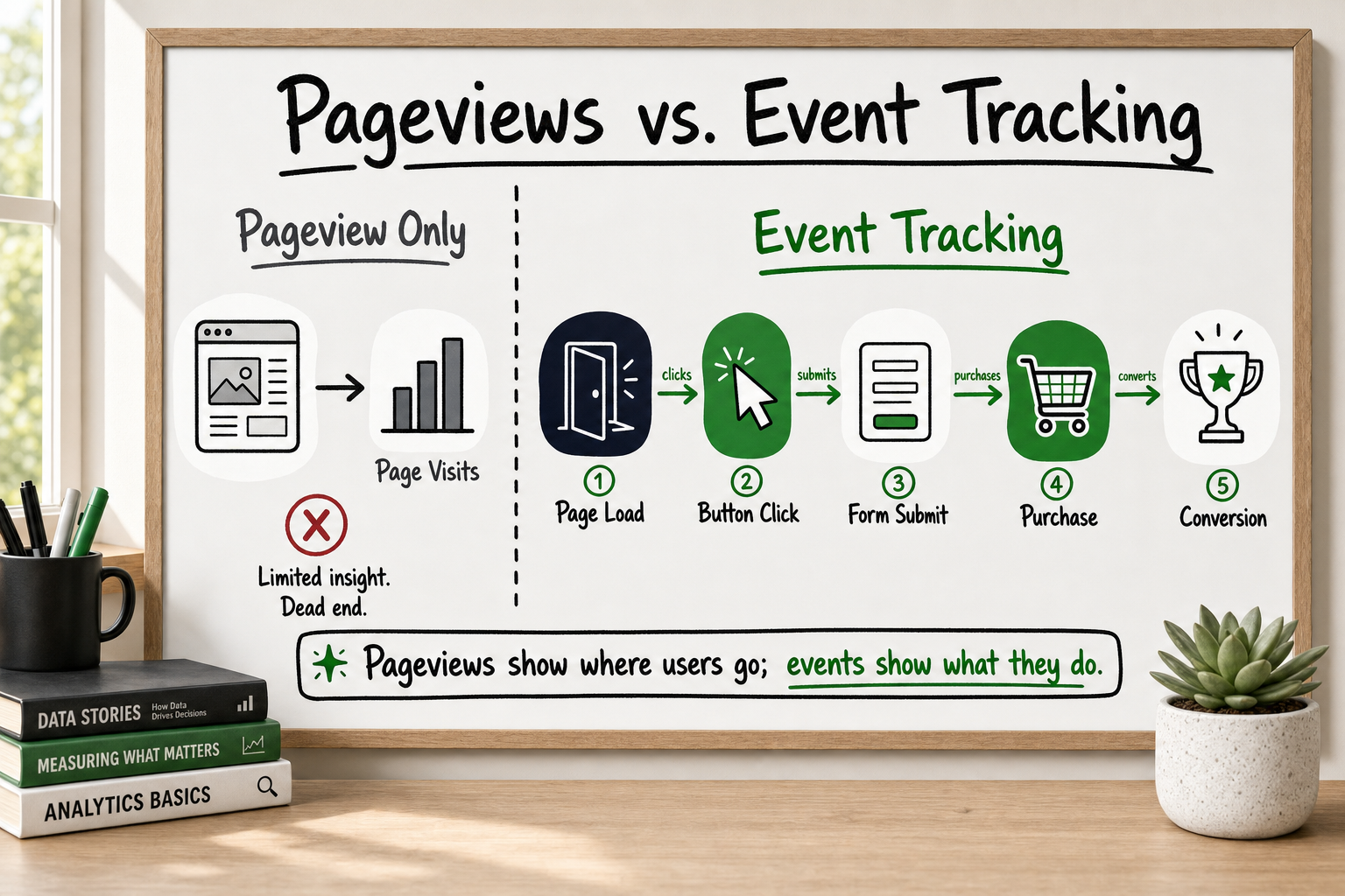 Whiteboard side-by-side comparison of pageview-only analytics versus event tracking analytics showing a full user journey flo