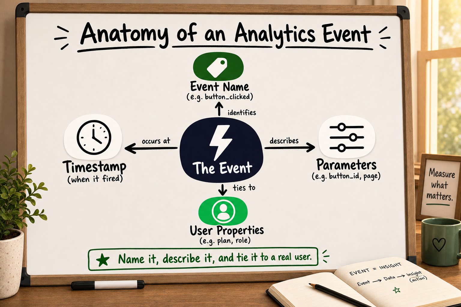 Whiteboard diagram showing the anatomy of an analytics event: event name, parameters, user properties, and timestamp nodes.