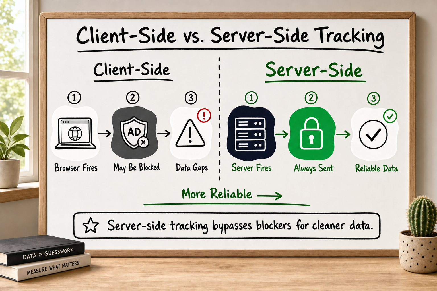 Whiteboard diagram comparing client-side and server-side event tracking analytics showing the reliability difference for foun