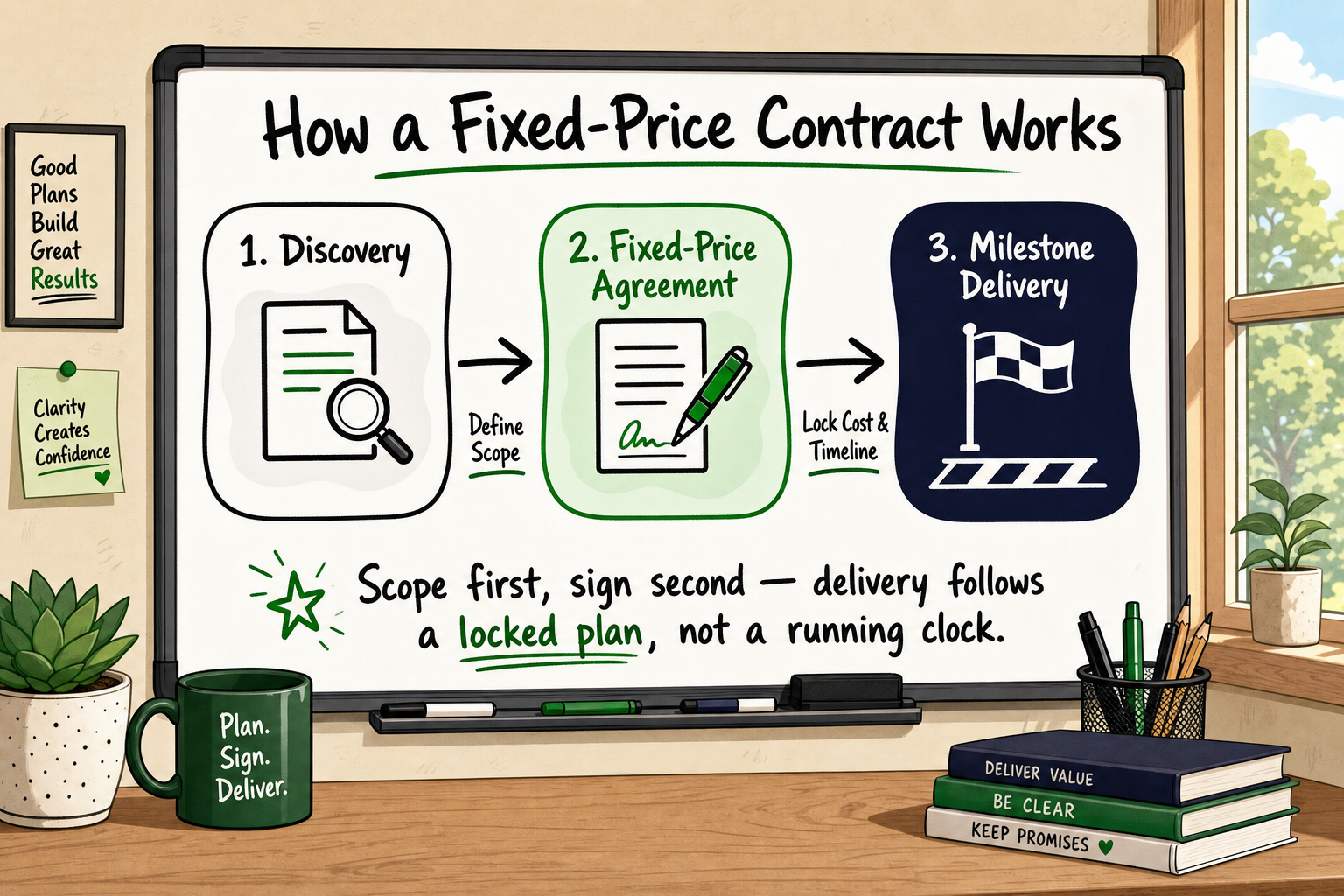 Three-stage flow diagram showing Discovery, Fixed-Price Agreement, and Milestone Delivery stages of a fixed-price software co