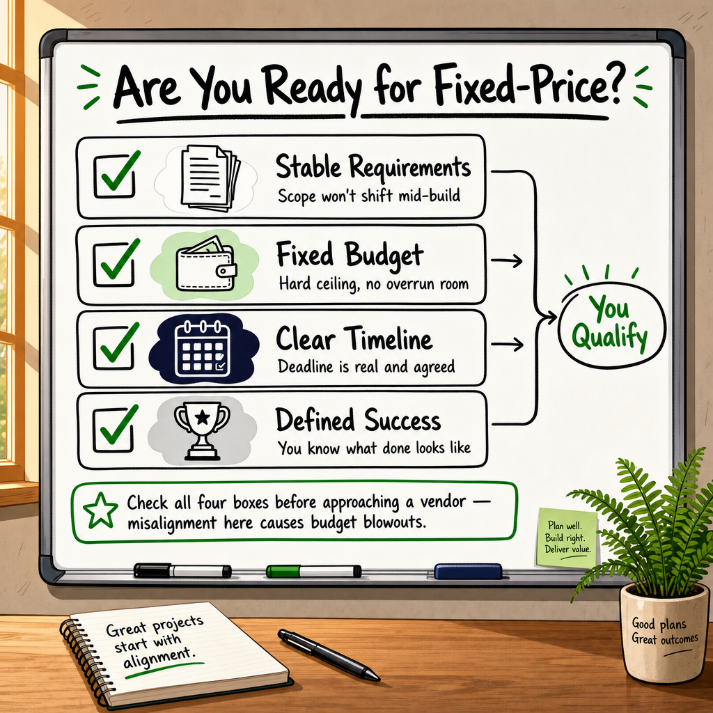 Checklist infographic with four fixed-price software contract self-qualification criteria: stable requirements, fixed budget,