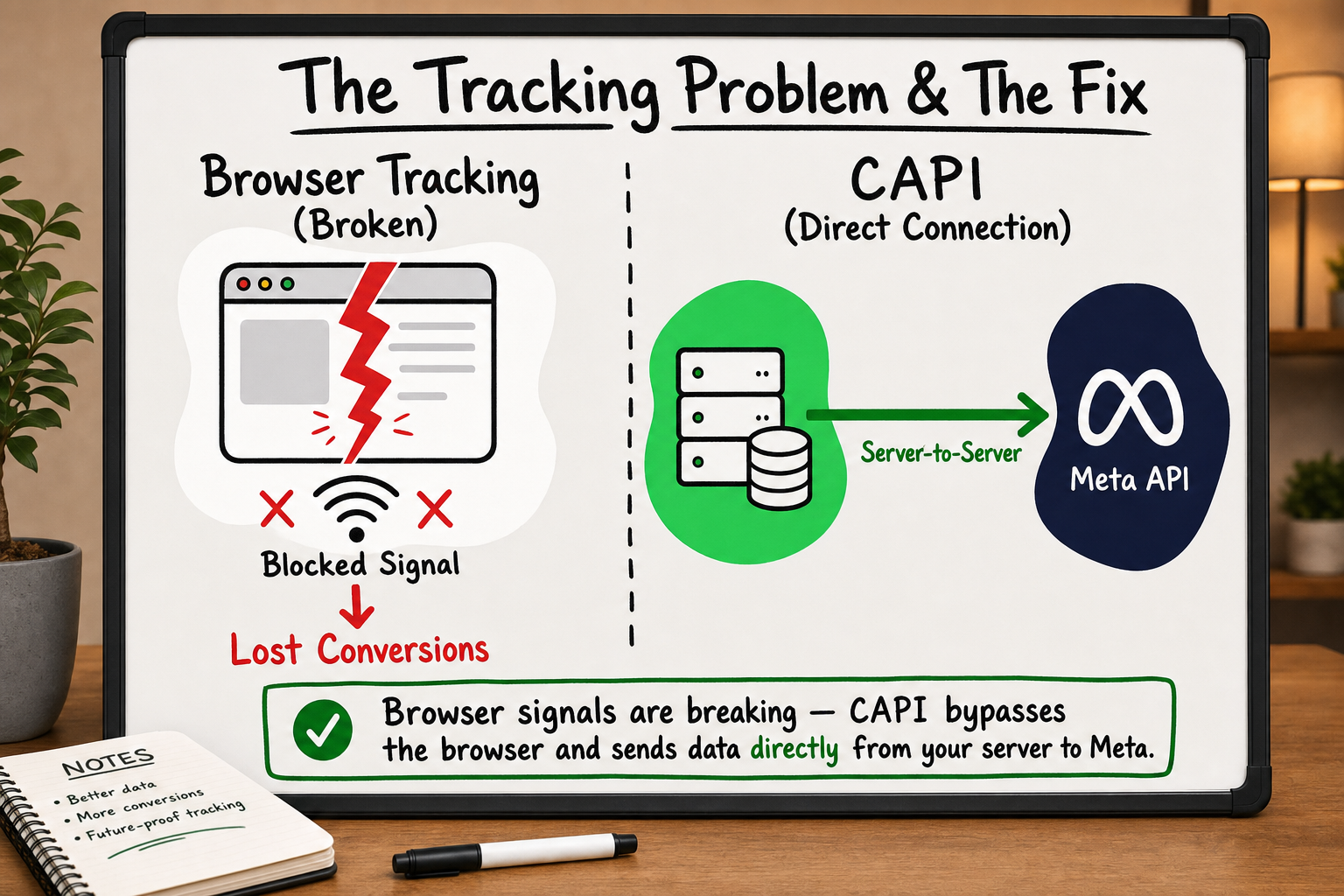 Side-by-side whiteboard diagram showing broken browser tracking vs Meta Conversions API server-to-server connection fix