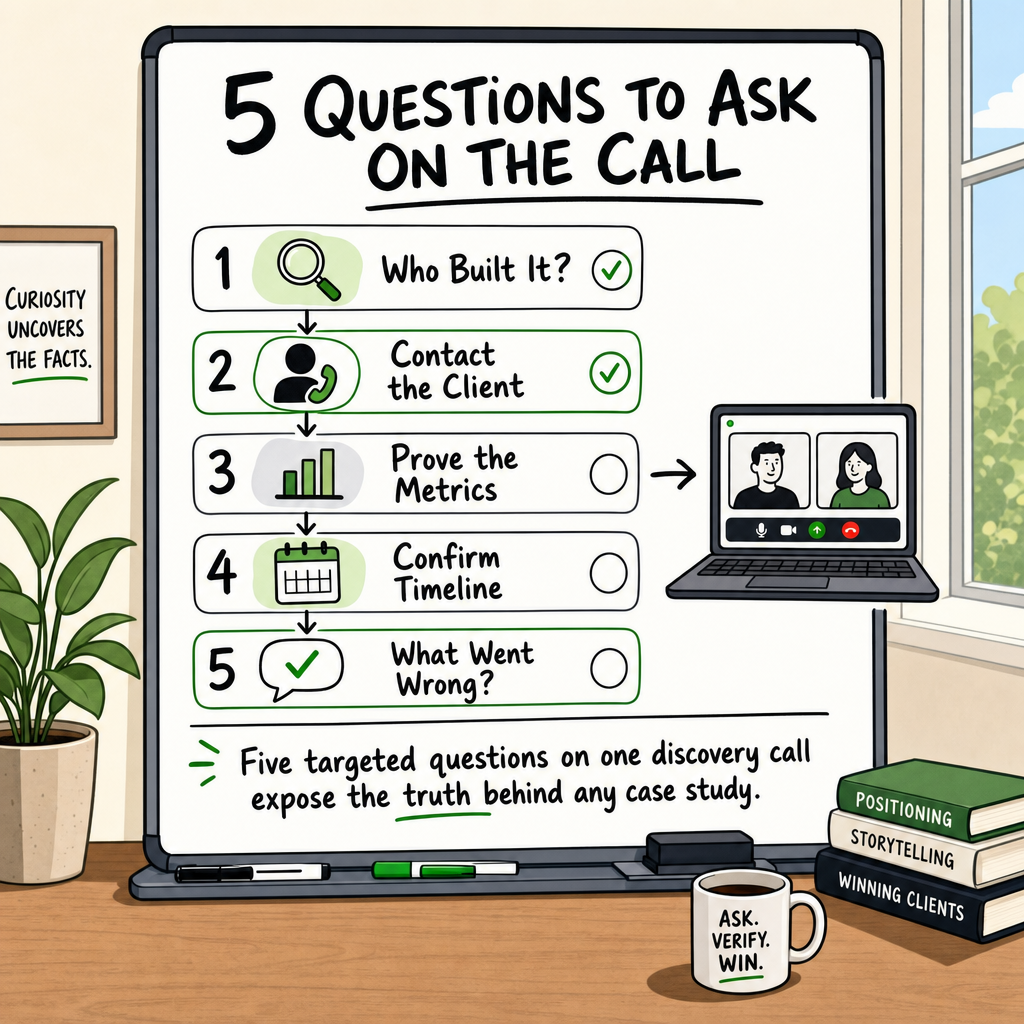 Whiteboard infographic with a five-question checklist framework for verifying agency case studies during a discovery call