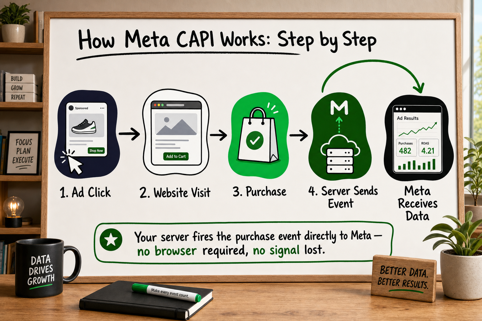 Step-by-step whiteboard flow diagram of Meta Conversions API sending a purchase event from server to Meta after an ad click