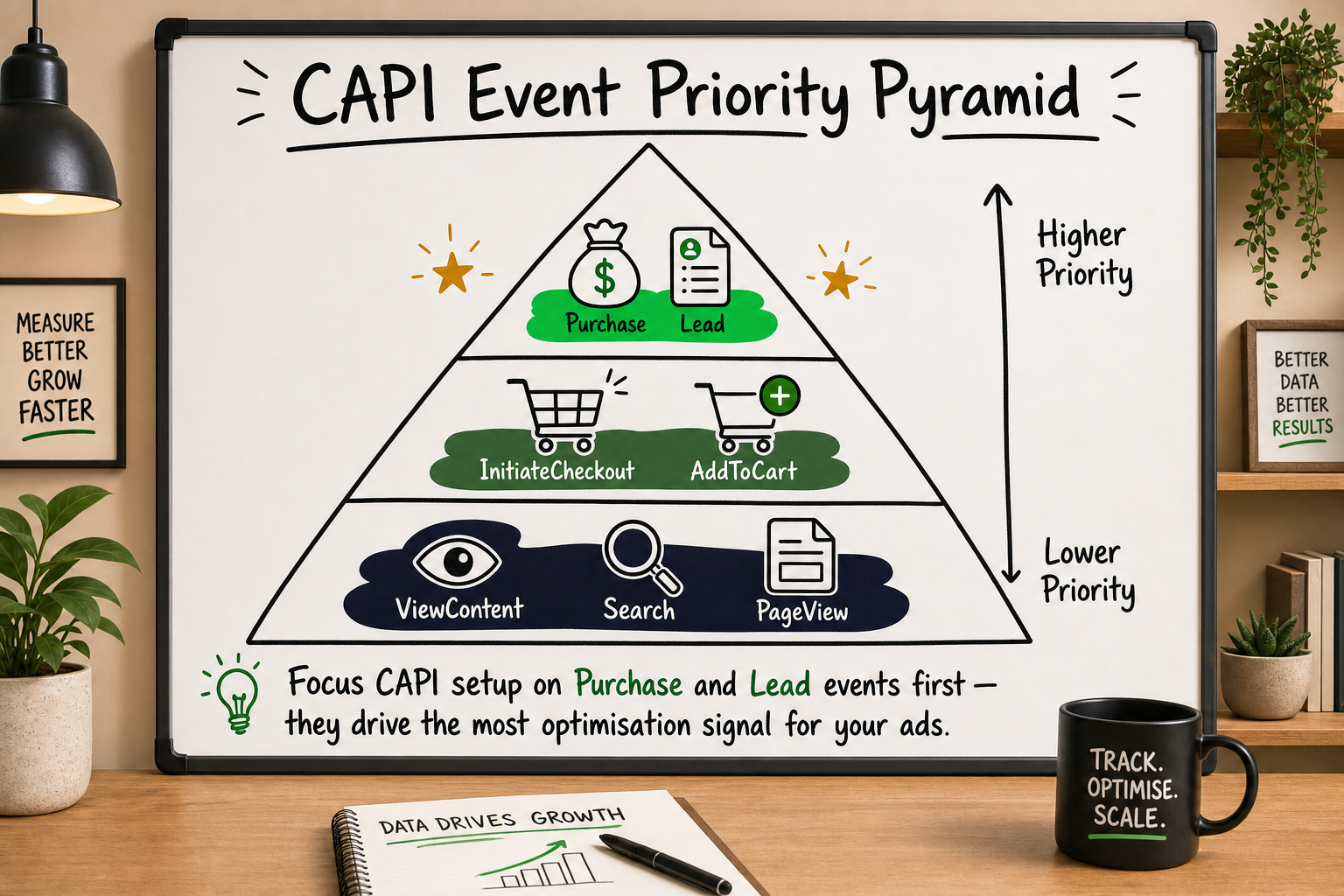 Priority pyramid whiteboard infographic ranking Meta Conversions API events from Purchase and Lead at top to PageView at base
