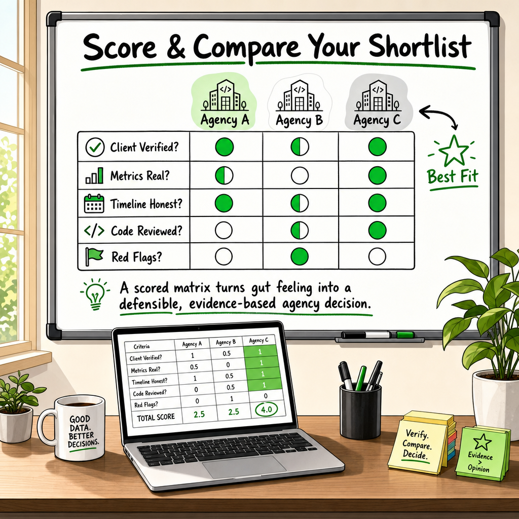 Whiteboard infographic of a scoring matrix comparing shortlisted software agencies across verification criteria rows and colu
