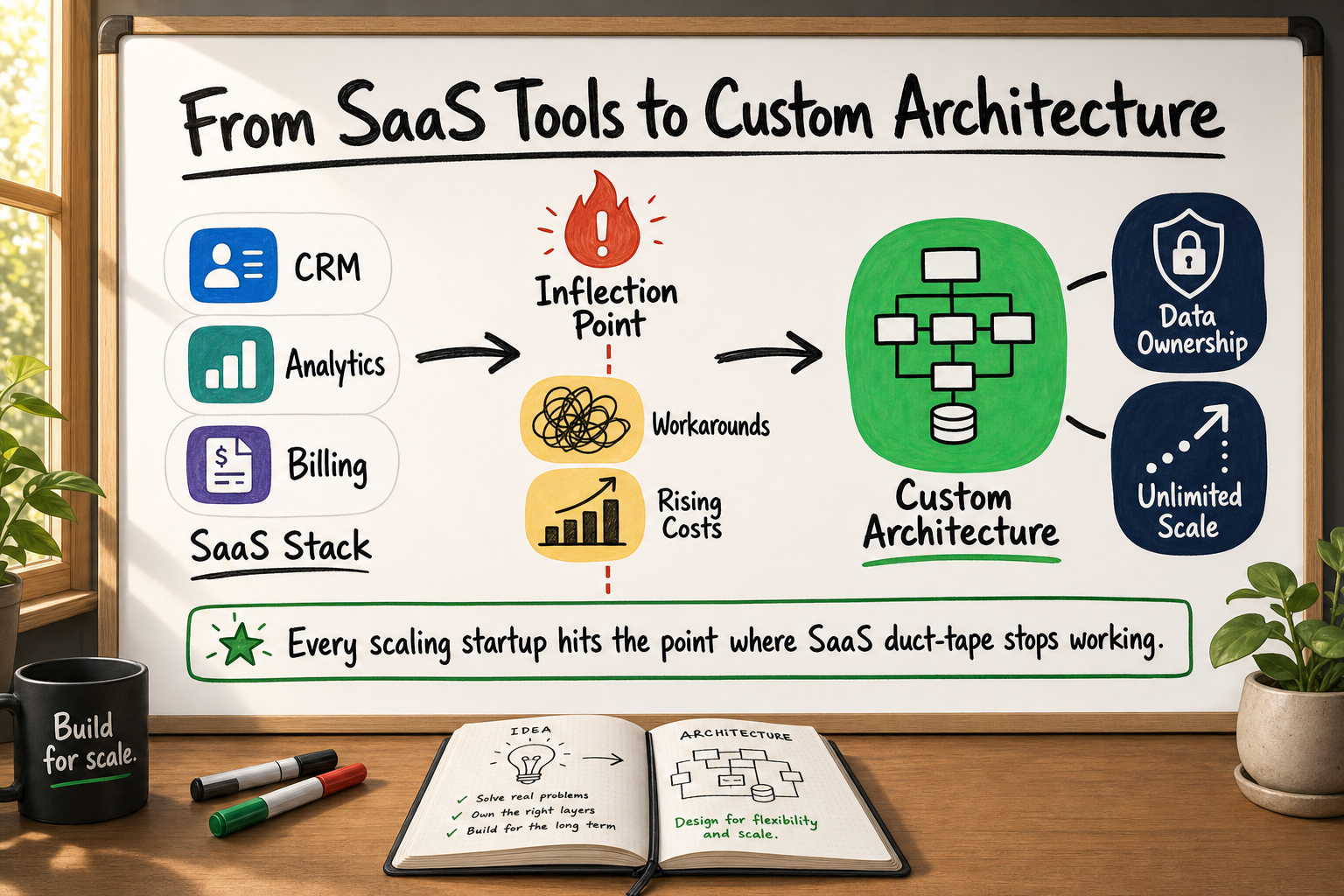 Diagram of a startup's journey from SaaS tools to custom software architecture with a marked inflection point in the middle.
