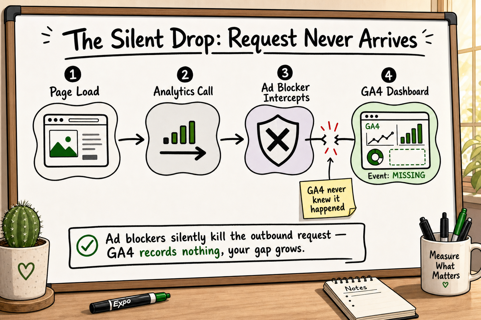 Diagram of a browser dropping an analytics request before reaching GA4, showing a visible gap in event count — ad blockers co