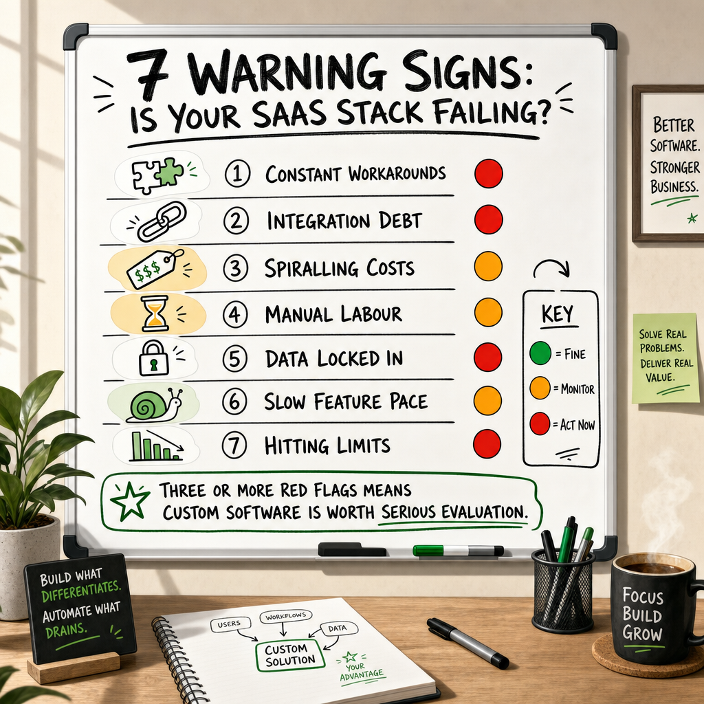 Visual checklist of seven SaaS warning signs with a traffic-light scoring system to assess when to commission custom software