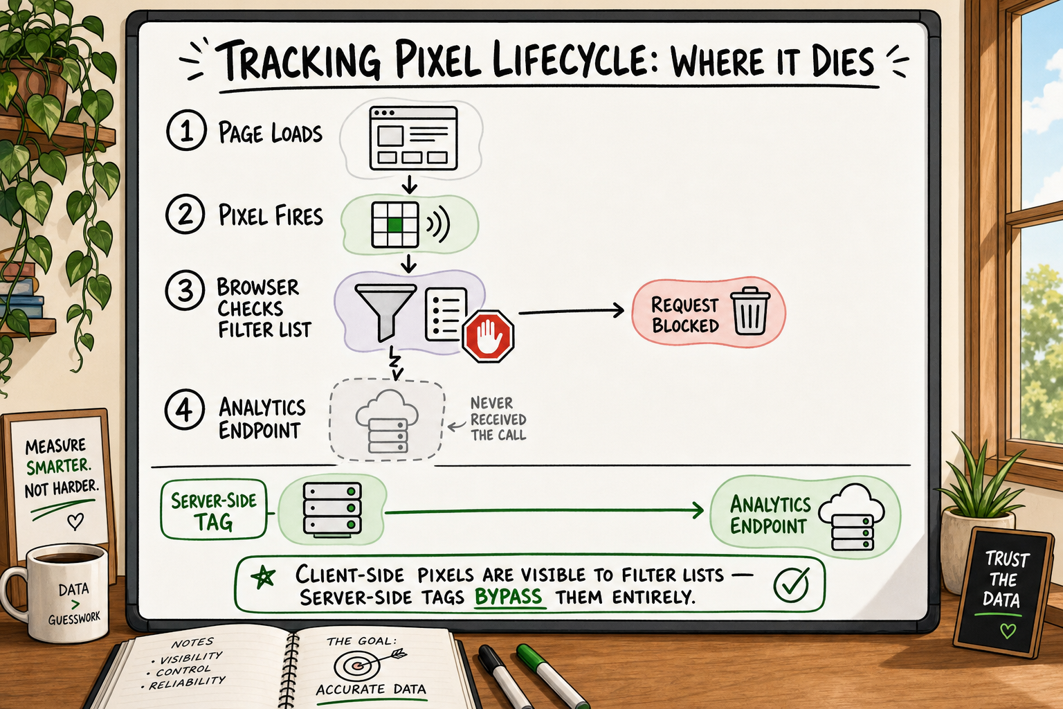 Infographic of client-side tracking pixel lifecycle being intercepted by a browser filter list before reaching the analytics 