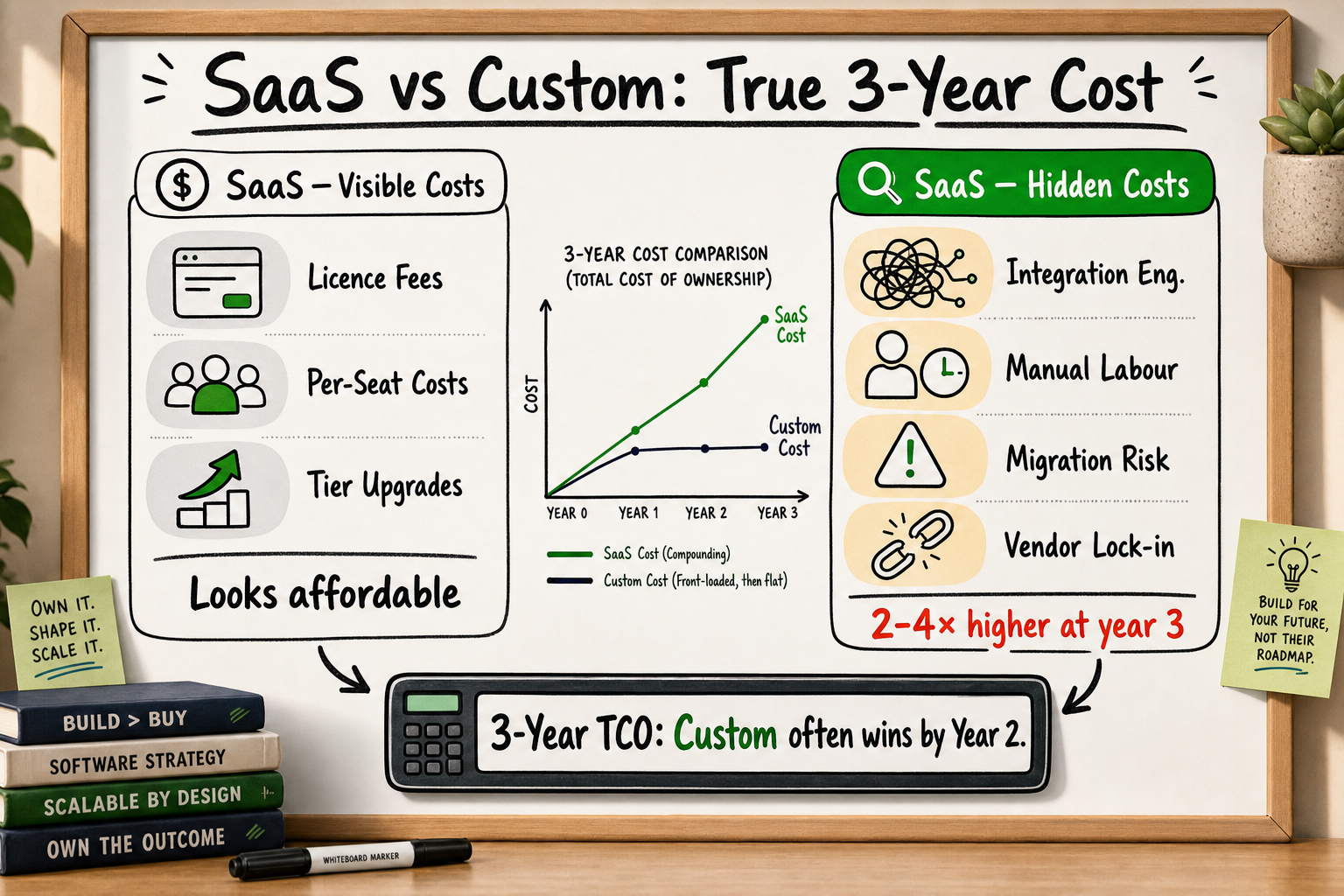 Side-by-side cost comparison of SaaS visible costs versus hidden costs with a three-year total cost of ownership calculation.