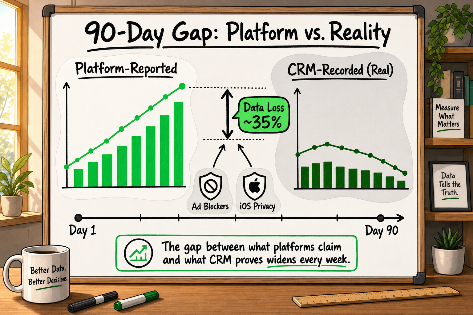 Chart showing growing divergence between platform-reported and CRM-recorded conversions over 90 days due to ad blocker and iO