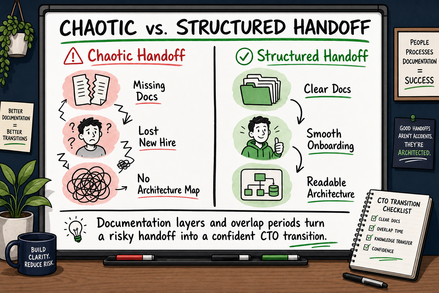 Side-by-side whiteboard diagram comparing a chaotic codebase handoff versus a structured software product handoff to a new CT