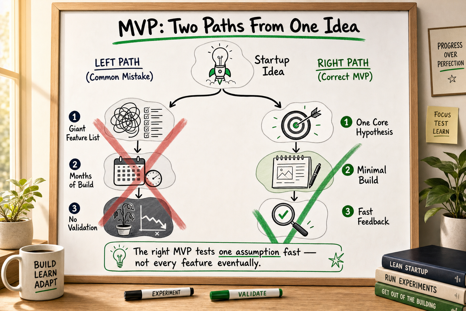 Split diagram showing two paths from a startup idea — bloated feature list vs focused MVP hypothesis test for founders
