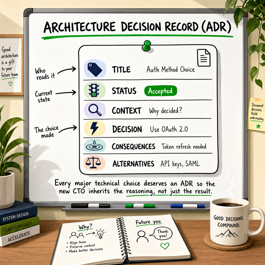 Whiteboard diagram of an Architecture Decision Record ADR template with fields for title, status, context, decision, and cons
