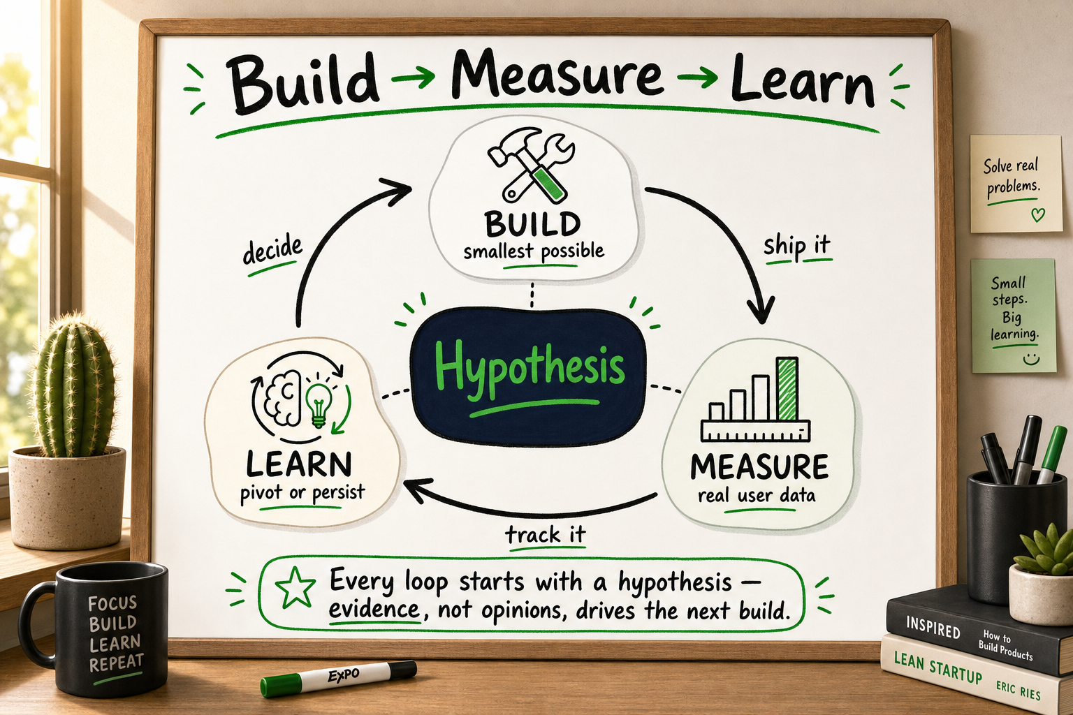 Build measure learn loop diagram with hypothesis at centre illustrating the scientific mindset behind a proper MVP