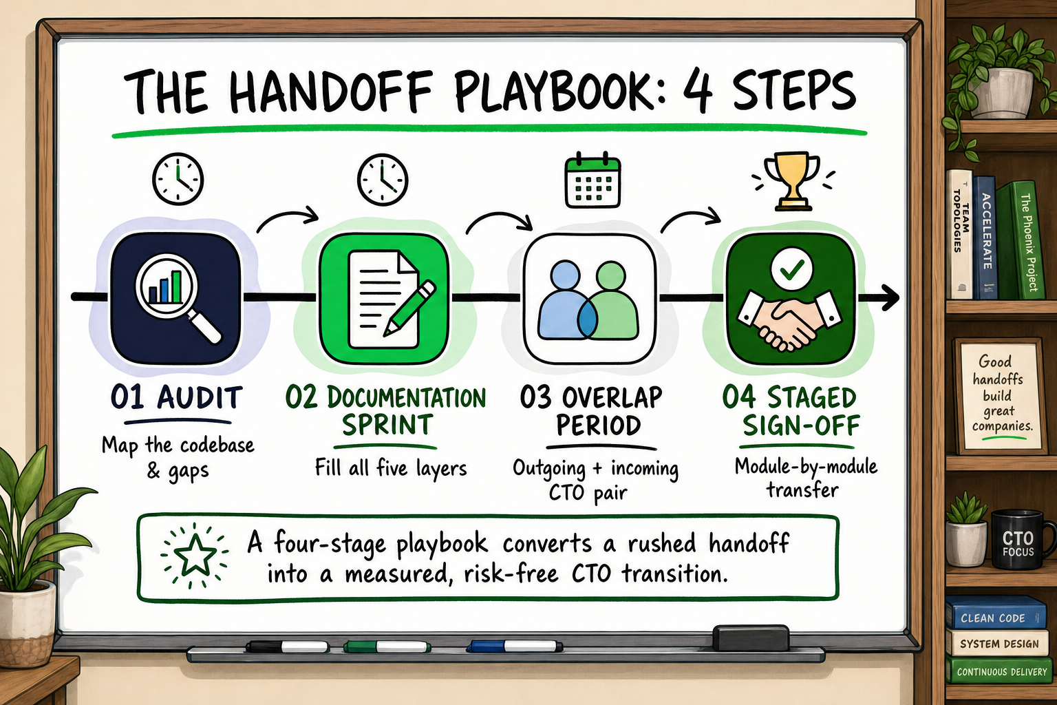 Four-step handoff playbook whiteboard timeline: Audit, Documentation Sprint, Overlap Period, Staged Sign-Off for CTO transiti