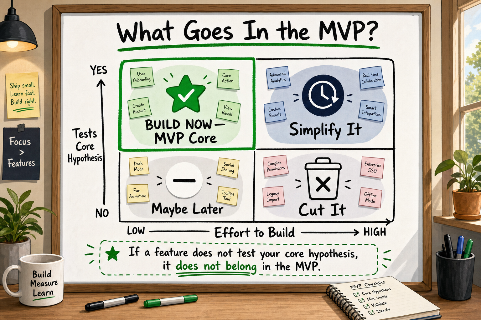 Feature triage matrix with effort vs tests core hypothesis axes showing what belongs in an MVP versus the backlog