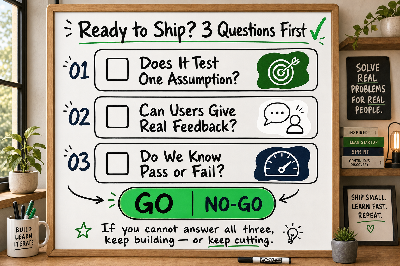 Checklist infographic showing three pre-launch questions for an MVP go no-go decision framework for startup founders