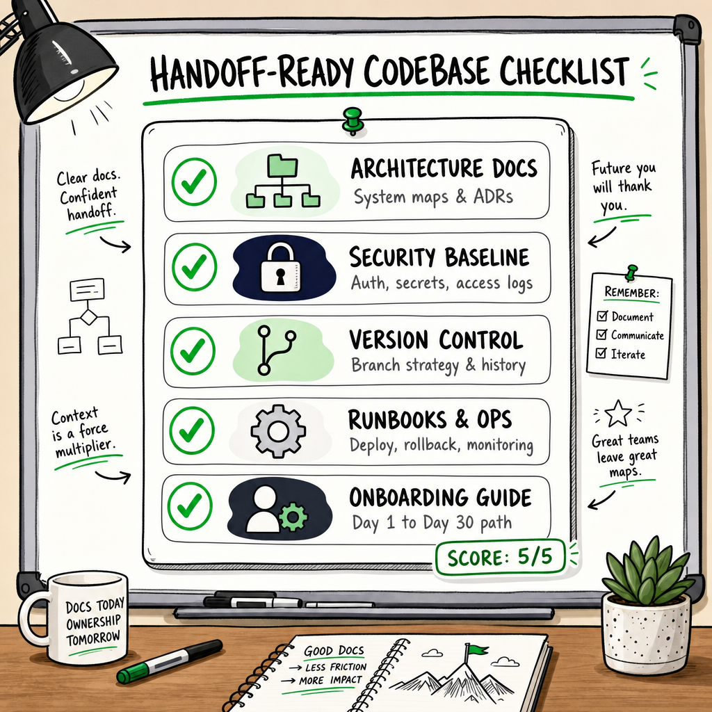 Whiteboard checklist graphic showing five documentation layers for a handoff-ready codebase with green ticks for new CTO onbo