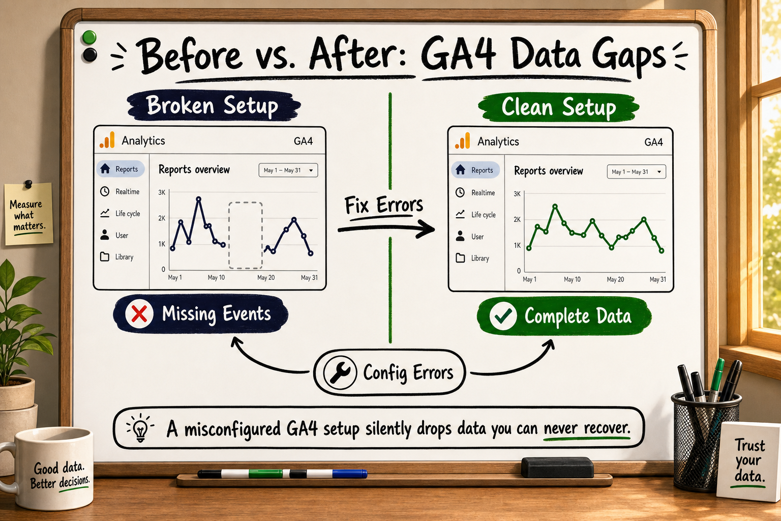 Before-and-after GA4 dashboard comparison showing data gap on left and complete clean data stream on right.