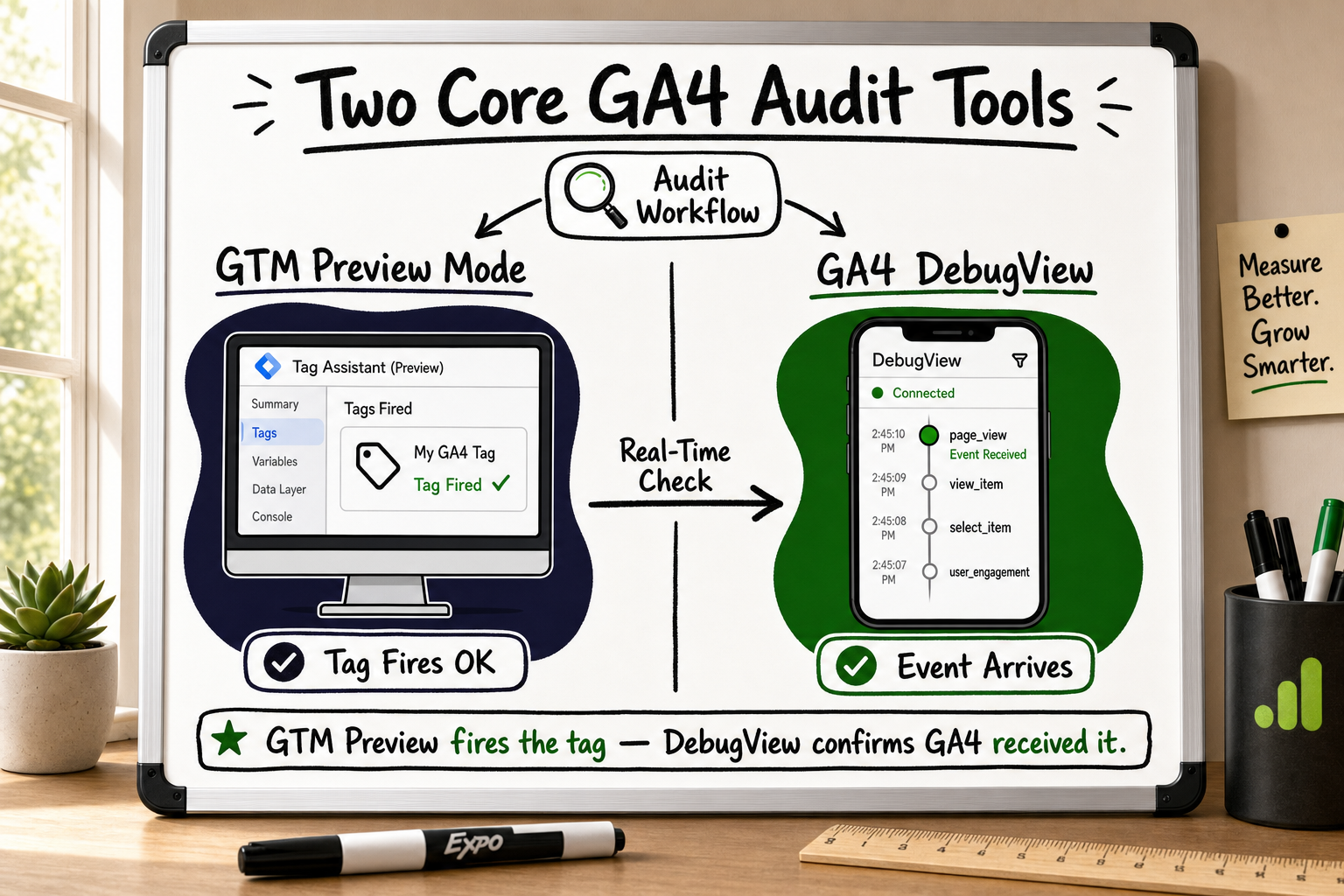 Side-by-side diagram of GTM Preview Mode and GA4 DebugView as the two core tools in a GA4 audit workflow.