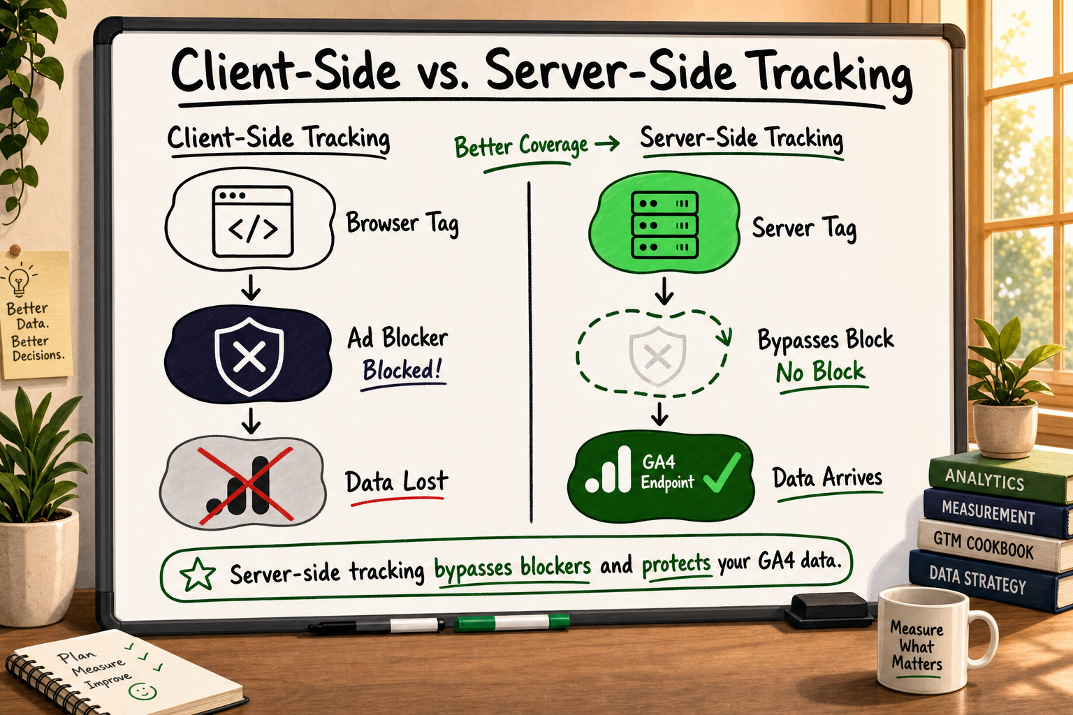 Diagram comparing client-side GA4 tracking blocked by ad blocker versus server-side tracking bypassing the block cleanly.